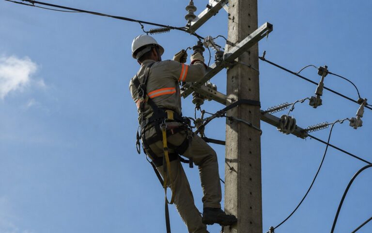 Eletricista de rede em Salvador trabalhando no alto de um poste de energia com cinto de segurança