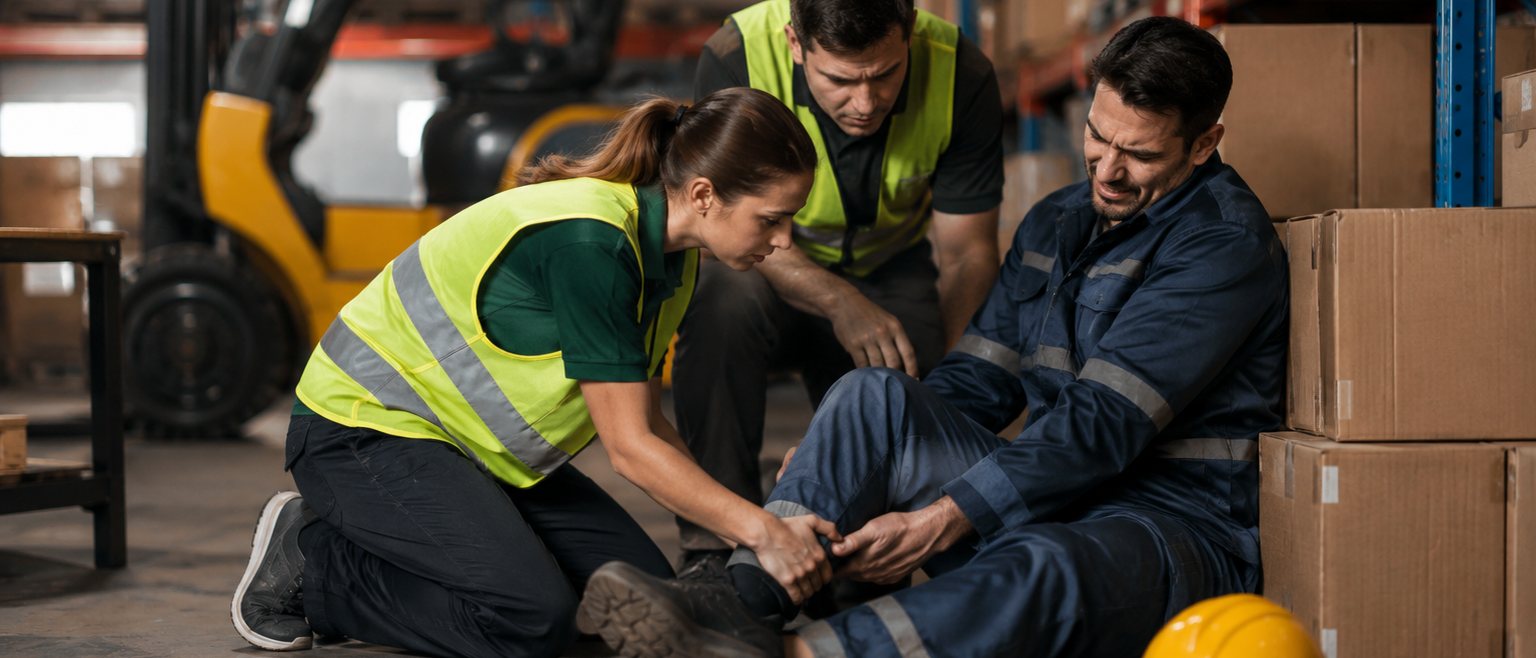Advogado de acidente de trabalho em Salvador: trabalhador sentado no chao do galpao logo apos um acidente