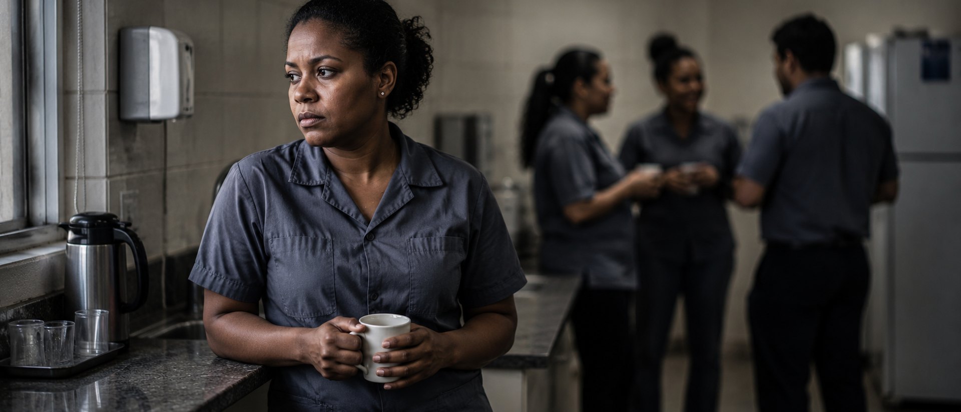 Advogado de assedio moral no trabalho em Salvador: trabalhadora sozinha na copa da empresa, isolada do restante da equipe