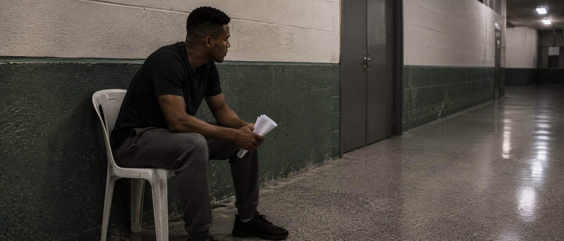 Advogado de defesa em tribunal desportivo em Salvador: atleta aguardando no corredor, diante da porta fechada da sessao