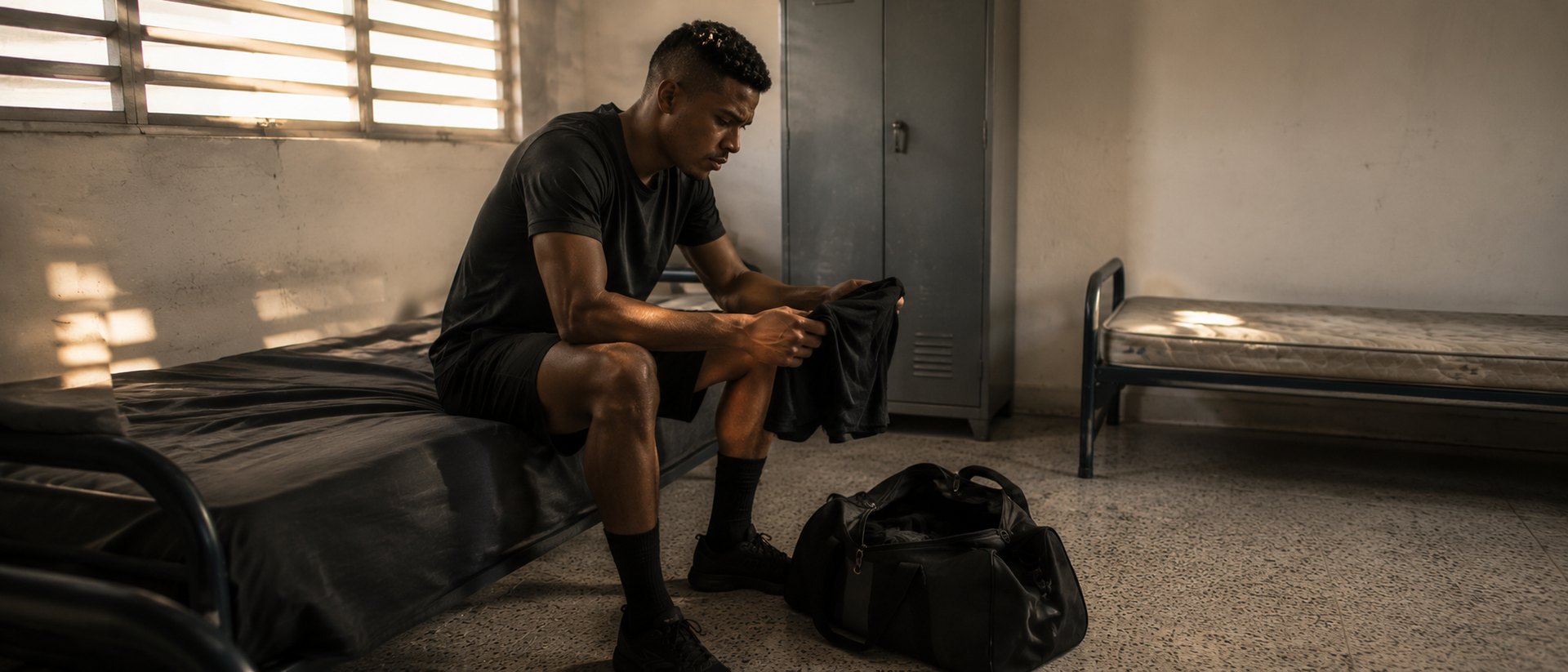 Advogado de rescisao de contrato de atleta em Salvador: jogador no alojamento do clube, com a bolsa esportiva meio arrumada