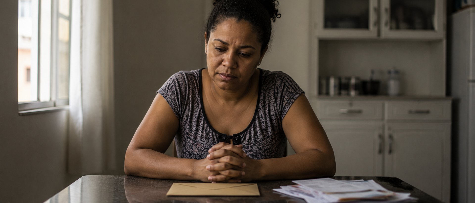 Advogado de verbas rescisorias em Salvador: trabalhadora diante do envelope fechado da rescisao, na cozinha de casa